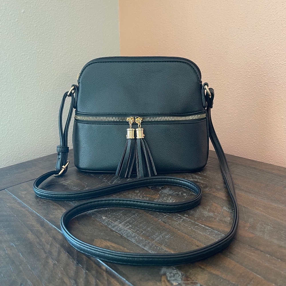 Dasein Women's Black Crossbody Domed Handbag with Front Tassel Detail